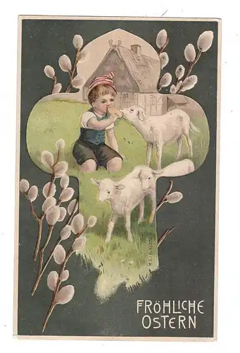 OSTERN - Junge mit Osterlämmern, Präge-Karte / embossed / relief, 1907