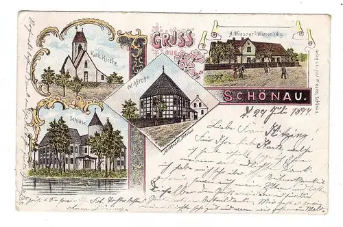NIEDER-SCHLESIEN - SCHÖNAU (Glogau), Lithographie 1899, Wiesner's Warenhandlung, Kirchen, Schloß