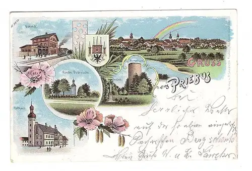 NIEDER-SCHLESIEN - PRIEBUS / PRZEWOZ, Lithographie, Bahnhof, Kirche Podroische, Hungerturm, Denkmal, Rathaus..