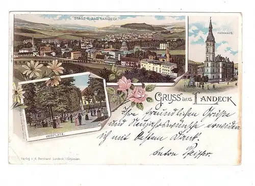 NIEDER-SCHLESIEN - BAD LANDECK / LADEK ZDROJ, Lithographie 1899, Rathaus, Kurplatz, Gesamtansicht, kl. Eckknick
