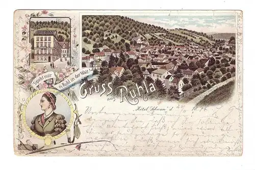 0-5906 RUHLA, Lithographie 1896, Hotel Schwan, Tracht, Ortsansicht, leichte Druckstellen