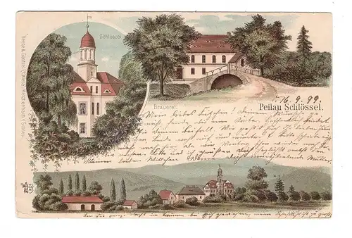 NIEDER-SCHLESIEN - PEILAU SCHLÖSSEL / PILAWA (Reichenbach), Lithographie 1899, Brauerei, Schlössel, Dorfansicht