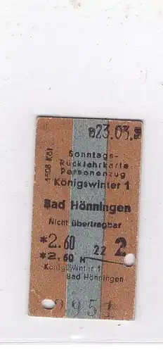 5330 KÖNIGSWINTER, Eisenbahn - Fahrkarte Königswinter - Bad Hönningen