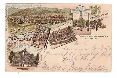 0-5505 HARZTOR - NEUSTADT unterm Hohnstein, Lithographie 1898, Pöppenberg Turm, Bade-Anstalt, Burgruine...