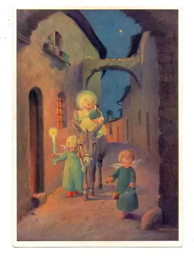 KINDER - 3 Kinder mit Engelsflügeln und einem Esel, Künstler-Karte Schönermark