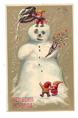 WEIHNACHTEN - SCHNEEMANN und Zwerge / snowman / Bonhomme de neige, 1906, geprägt / embossed / relief