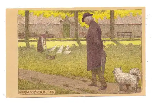 KÜNSTLER - ARTIST - PAUL HEY - Lithographie, "Morgenspaziergang", rücks. Kleberest, Spitz / Chien Pointu / Spitzhund