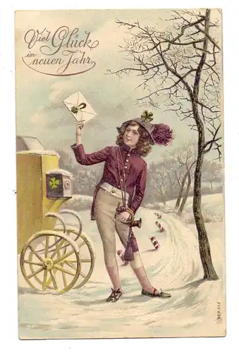 POST - Postillon mit Bríef und Kutsche, 1909, geprägt / embossed / relief, seitlich kl. Einriss