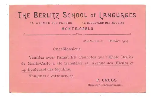 MONACO - The Berlitz School of Languages, Monte-Carlo, 1907, Firmen-Karte