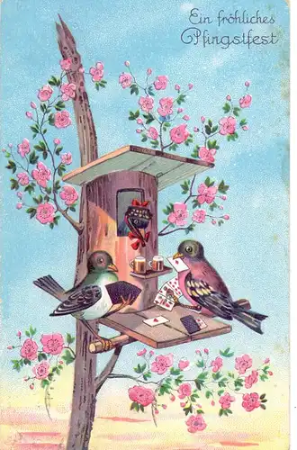 KARTENSPIEL - Vögel beim Karten spielen, Grußkarte, geprägt / embossed / relief,