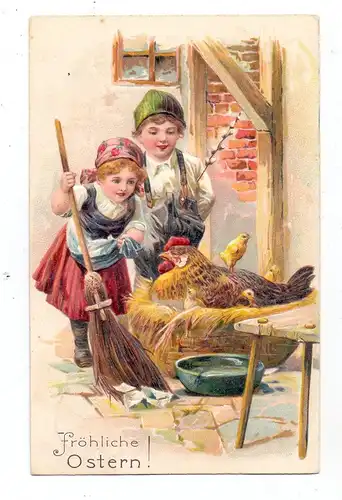 OSTERN - Kinderpaar mit Henne und Küken, geprägt / embossed / relief, 1903