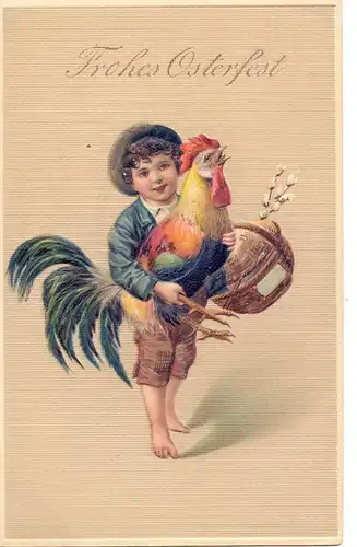 OSTERN - Junge mit Hahn, geprägt / embossed / relief