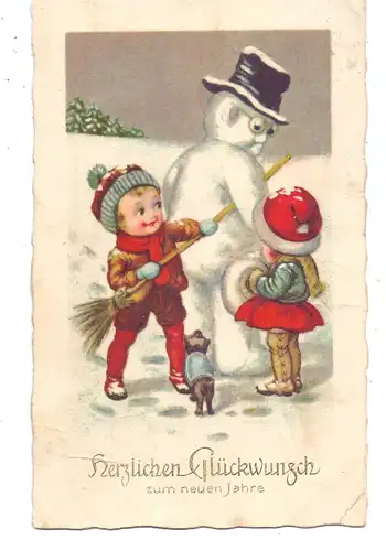 KINDER - 2 Kinder und kleiner Hund mit Schneemann, kl. Knick