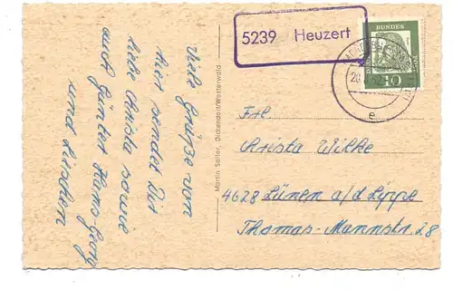 5238 HACHENBURG und Umgebung Kroppacher Schweiz, Landpost-Stempel "5239 HEUZERT", 1962