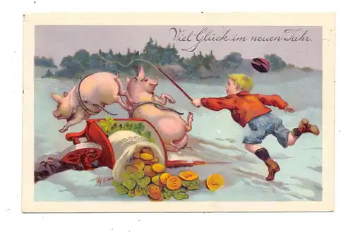 SCHWEINE - Pigs / Porcs / Maiali / Varkens / Cerdos - Zwei Schweine mit Geldschubkarre von Jungen verfolgt, 1928