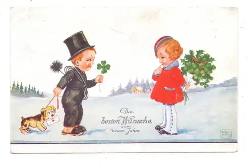 KINDER - Kleiner Schornsteinfeger mit Hündchen und Kleeblatt, Künstler-Karte John Wills, 1941 Sprottau