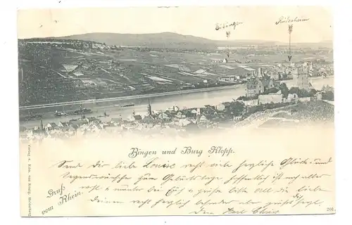 6530 BINGEN, Bingen und Burg Klopp, 1897, Bahnpost Frankfurt - Coblenz