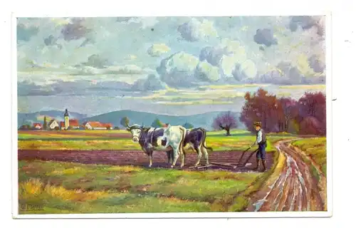 LANDWIRTSCHAFT, Bauer beim Pflügen, Künstler-Karte Walter Merker