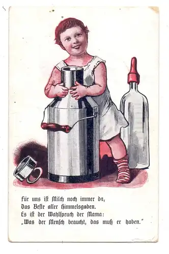 LANDWIRTSCHAFT - MILCH / Milk / Lait / Latte / Melk / Leche, Kind mit Milchkanne und Flasche, 1916