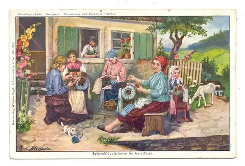Kunsthandwerk - Spitzenklöpplerin im Erzgebirge, Künstler-Karte Rud. Schneider, 1914