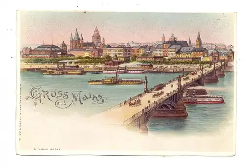6500 MAINZ, Lithographie, Panorama mit Rheinbrücke