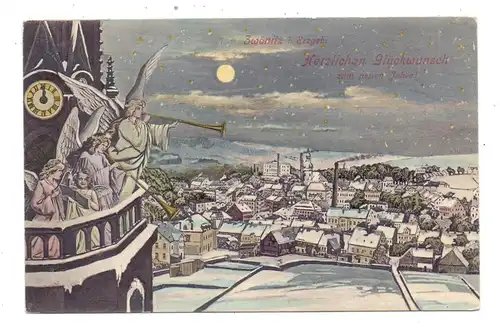 0-9417 ZWÖNITZ, Neujahrskarte 1911, Trompeten-Engel