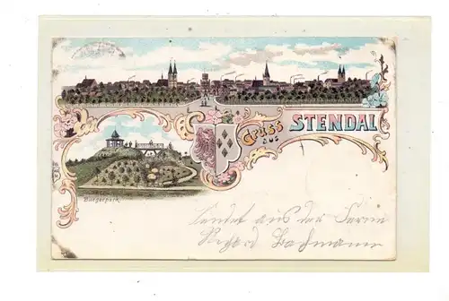0-3500 STENDAL, Lithographie, Panorama & Bürgerpark, 1899, Rand beschnitten