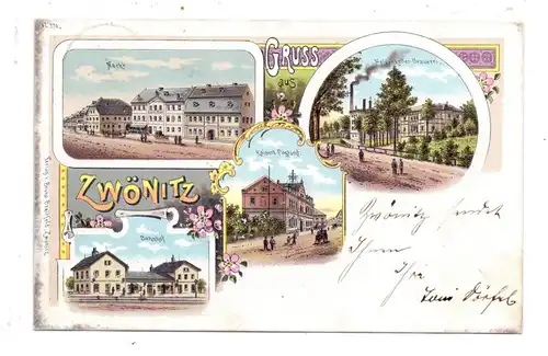 0-9417 ZWÖNITZ, Lithographie, 1900, Bahnhof, Markt, Postamt, Felsenkeller Brauerei