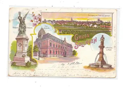 5650 SOLINGEN, Lithographie, Post, Krieger-Denkmal, Laufbrunnen am Markt, Panorama, 1901
