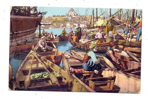TÜRKEI - Constantinopel, Am goldenen Horn, belebte Szene. Kaiserliche Marine Schiffspost  Nr. 14, 1915