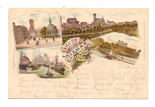 0-2400 WISMAR, Lithographie, 1897, Totalansicht, Marktplatz, Hafen Wendorf, von Heiligendamm nach Berlin befördert