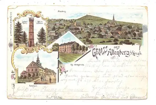 0-8242 ALTENBERG, Lithographie, 1899, Rathaus, Amtsgericht, Panorama, Luisen Turm, Eckmangel, Einriss
