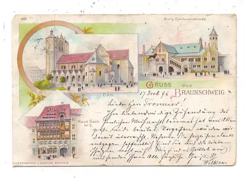 3300 BRAUNSCHWEIG, Lithographie, 1896, Haus Sack, Dom, Burg Dankwarderode, Eckmangel