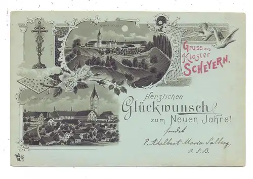 8069 SCHEYERN, Neujahrs Gruß - Karte 1903, Lithographie, geschrieben von Adalbert Maria Salberg, später Ettal