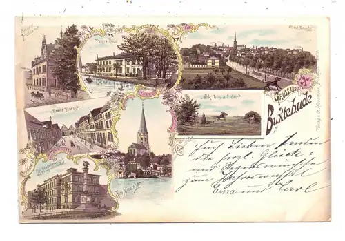 2150 BUXTEHUDE, Lithographie, 1898, Hase & Igel, Peper's Hotel, Breite Strasse, Baugewerkschule, Moorthor, Panorama