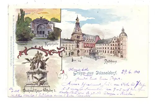 4000 DÜSSELDORF, Chromo-Lithographie, Rathaus, Kunsthalle, Denkmal Kaiser Wilhelm I, 1900