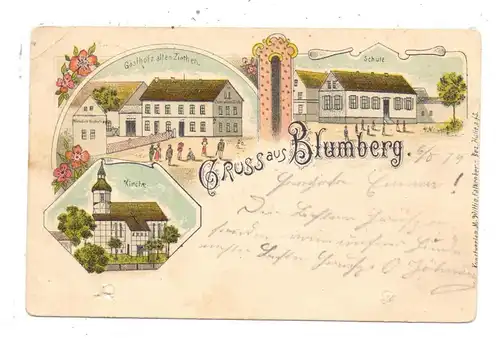 0-7291 ARZBERG - BLUMBERG, Lithographie, Gasthof zum alten Ziethen, Schule, Kirche,1899, Mängel