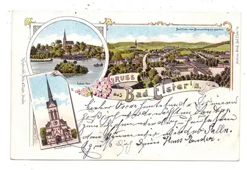 0-9933 BAD ELSTER, Lithographie, Gesamtansicht vom Brunnenberg, Trinitatiskirche, Luisa-See, 1901