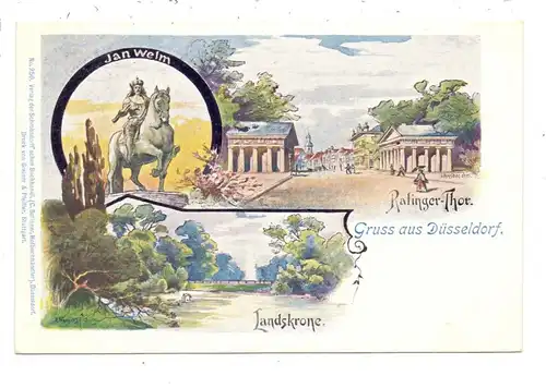 4000 DÜSSELDORF, Chromo-Lithographie, Ratinger Thor, Jan Wellem Denkmal, Landskrone, ca. 1905