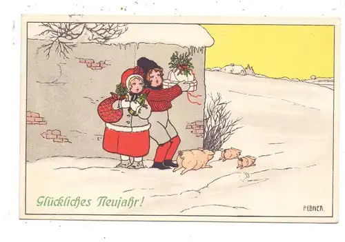KÜNSTLER / ARTIST - PAULI EBNER, Glückliches Neujahr, Kinder mit Schweinchen, 1911, Munk # 551