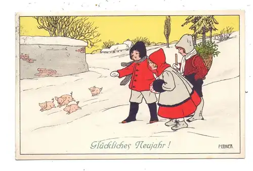 KÜNSTLER / ARTIST - PAULI EBNER, Glückliches Neujahr, Kinder mit Schweinchen, 1910, Munk # 551