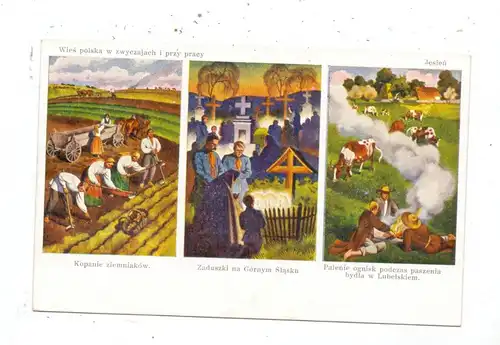 LANDWIRTSCHAFT - Weizenernte, Kuhhirten, Künstlerkarte Polen
