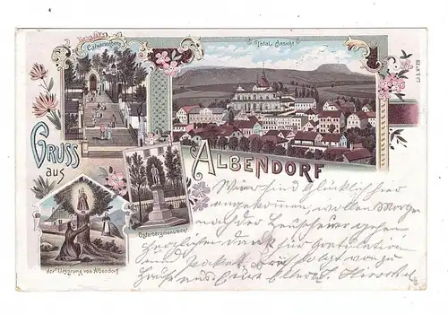 NIEDER-SCHLESIEN - ALBENDORF / WAMBIERZYCE (Glatz), Lithographie 1898, Calvarienberg, Osterbergmonument, Ortsansicht..