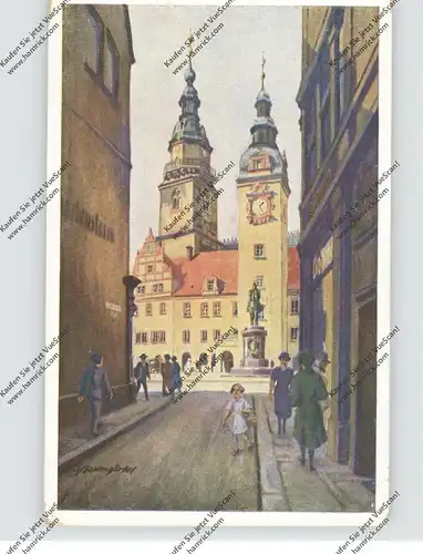 0-9000 CHEMNITZ, Blick von der Bretgasse nach dem alten Rathaus, Künstler-Karte Baumgärtel, kl. Einriss