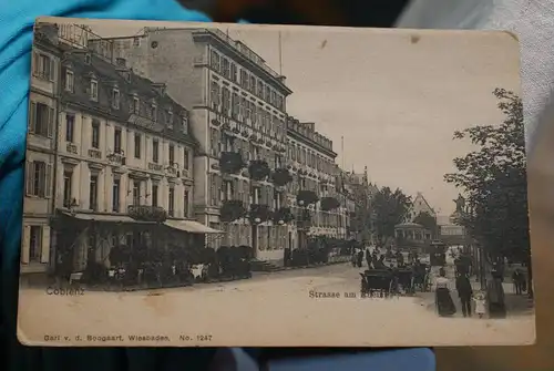 5400 KOBLENZ, Strasse am Rhein - Jahrhundertwende, Hotel Victoria, Boogaart - Wiesbaden, ca. 1905