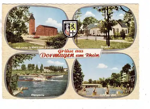 4047 DORMAGEN, Tierpark, Schwimmbad, Kath. Kirche, Rheinpartie, Binnenschiffe, Stadtwappen, 1966