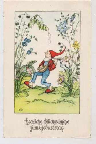 ZWERGE / Gnome / Dwarfs / Nani, Singender Zwerg mit Laute, Künstler-Karte Luise Scherbauer