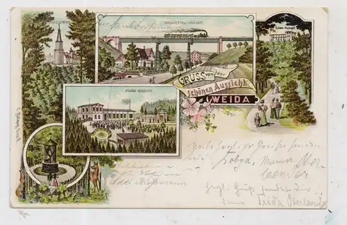 0-6518 WEIDA, Lithographie, Schöne Aussicht, Eisenbahnviadukt, Schloß Osterburg, Bahnpost Leipzig - Saalfeld