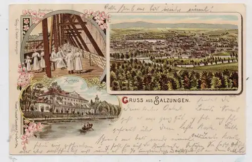 0-6200 BAD SALZUNGEN, Lithographie 1899, Gradiergang, Kurhaus, Ortsansicht