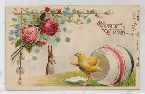 OSTERN - Hase und schlüpfendes Küken, Präge-Karte / embossed, relief, 1908